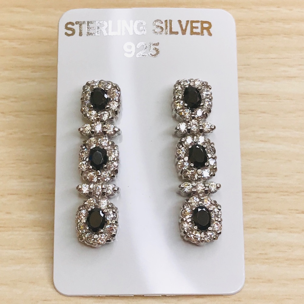 Sterling Silver Black CZ Halo Drop Earrings